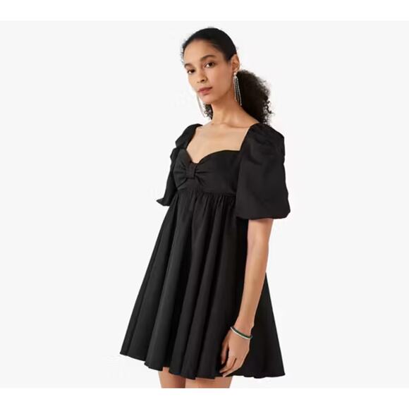 Kate Spade Beau Sweetheart Bow Empire Babydoll Puff Sleeve Black Mini Dress 4 - Picture 1 of 13